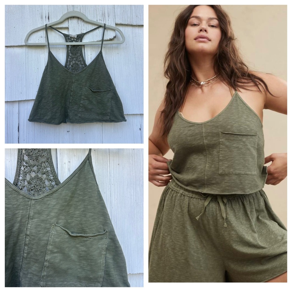 Aerie Summer House Crochet Back Cropped Tank Top Olive Green Small P Small
